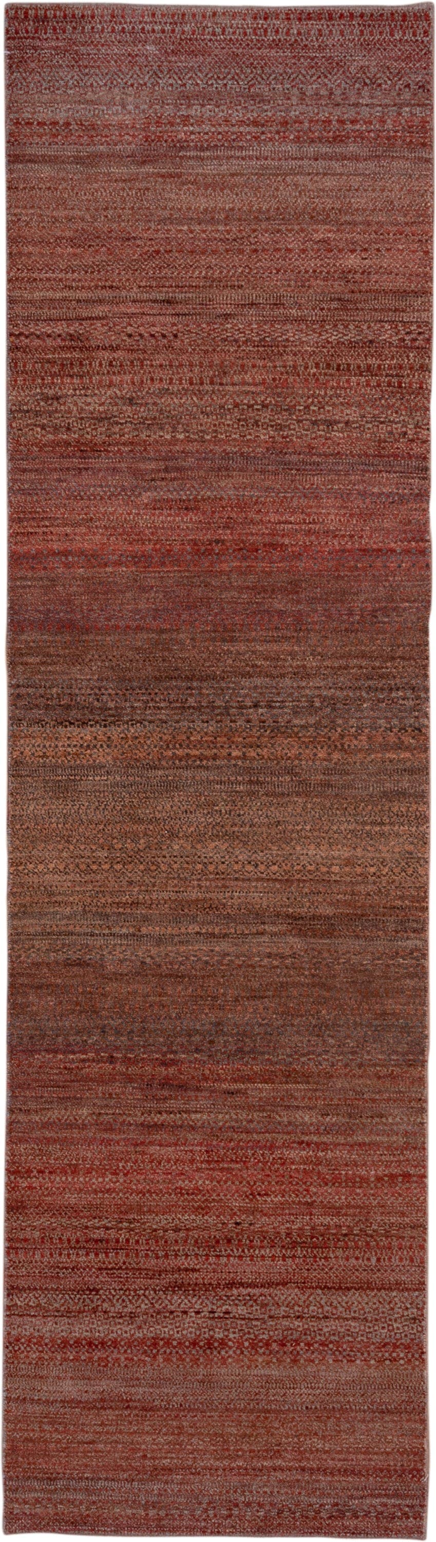 2' x 10' one-of-a-kind handmade vintage Gabbe runner rug. Color palette: rust, brown, terra cotta, mahogany, taupe, charcoal
