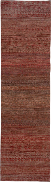 2' x 10' one-of-a-kind handmade vintage Gabbe runner rug. Color palette: rust, brown, terra cotta, mahogany, taupe, charcoal