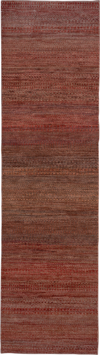 2' x 10' one-of-a-kind handmade vintage Gabbe runner rug. Color palette: rust, brown, terra cotta, mahogany, taupe, charcoal