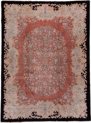 8' x 10' one-of-a-kind handmade vintage Chinese large size rug. Color palette: rose, ivory, charcoal, sky blue, blush, taupe