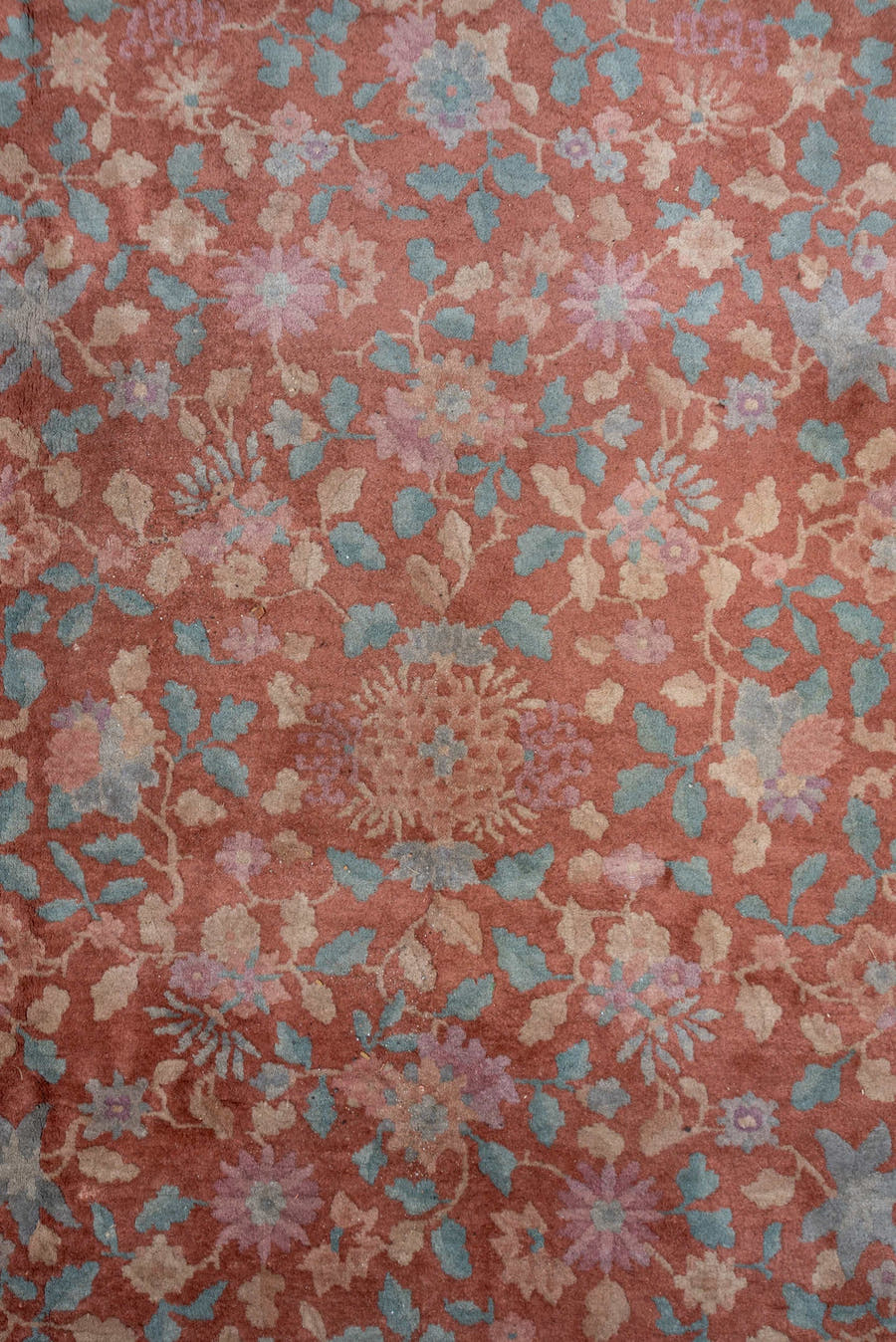 8' x 10' one-of-a-kind handmade vintage Chinese large size rug. Color palette: rose, ivory, charcoal, sky blue, blush, taupe