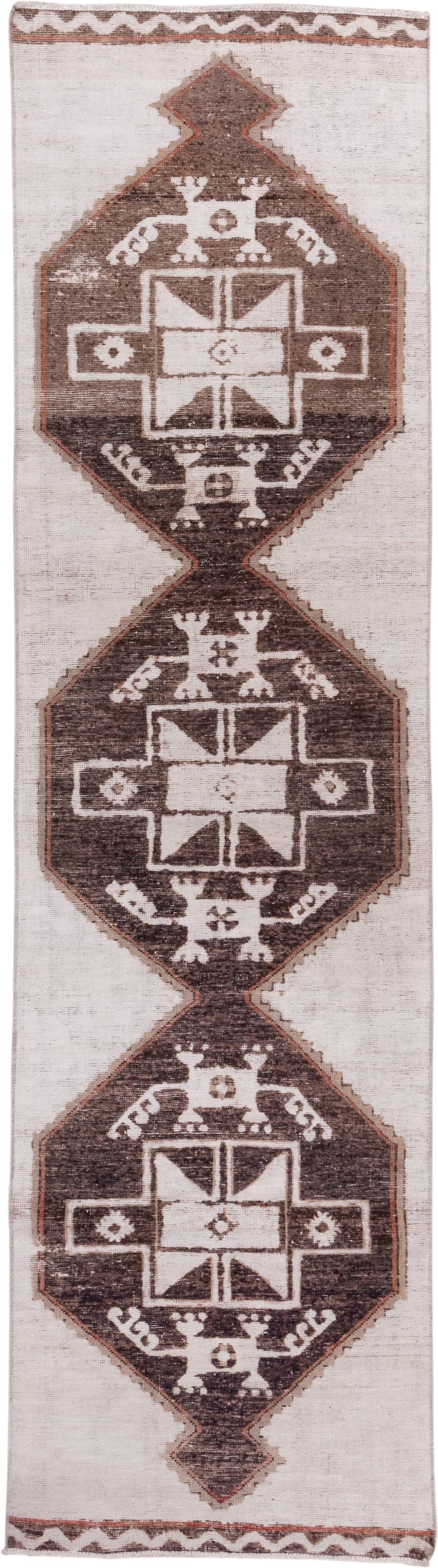 3' x 11' one-of-a-kind handmade vintage Oushak runner rug. Color palette: ivory, brown, taupe, rose, beige, gray, pink, red