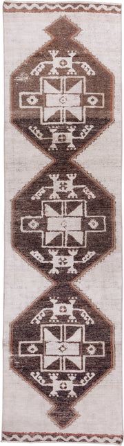 3' x 11' one-of-a-kind handmade vintage Oushak runner rug. Color palette: ivory, brown, taupe, rose, beige, gray, pink, red