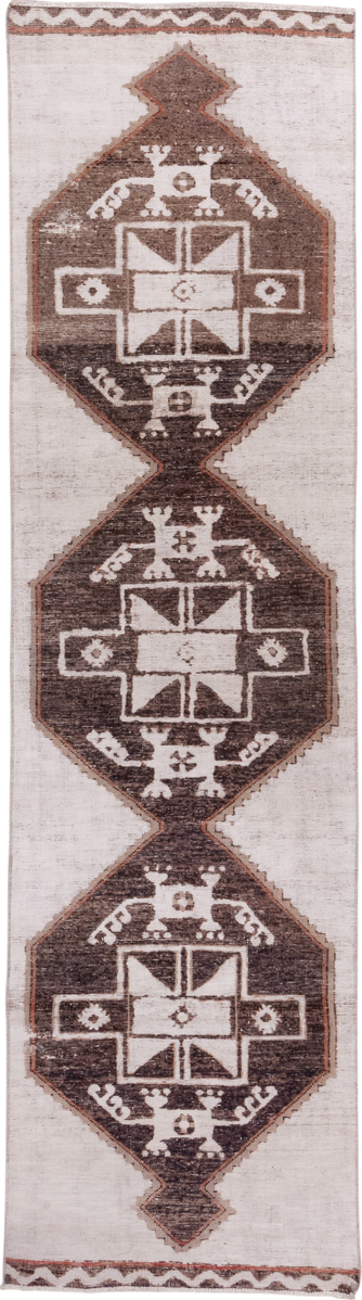 3' x 11' one-of-a-kind handmade vintage Oushak runner rug. Color palette: ivory, brown, taupe, rose, beige, gray, pink, red