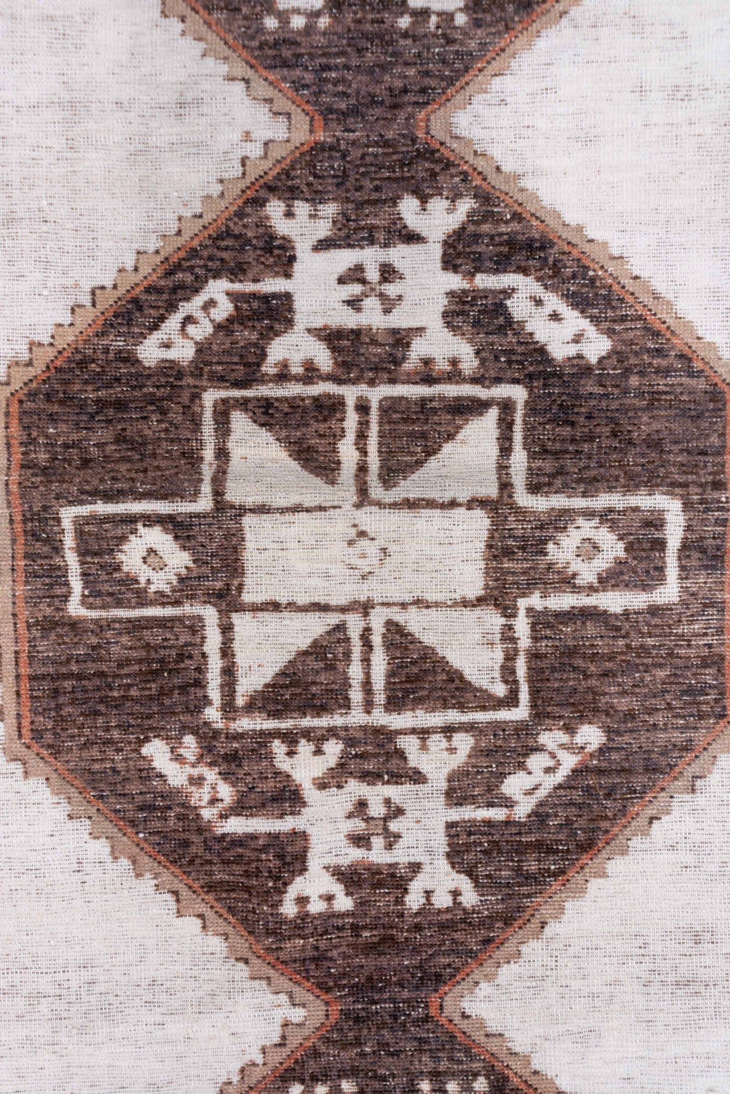 3' x 11' one-of-a-kind handmade vintage Oushak runner rug. Color palette: ivory, brown, taupe, rose, beige, gray, pink, red