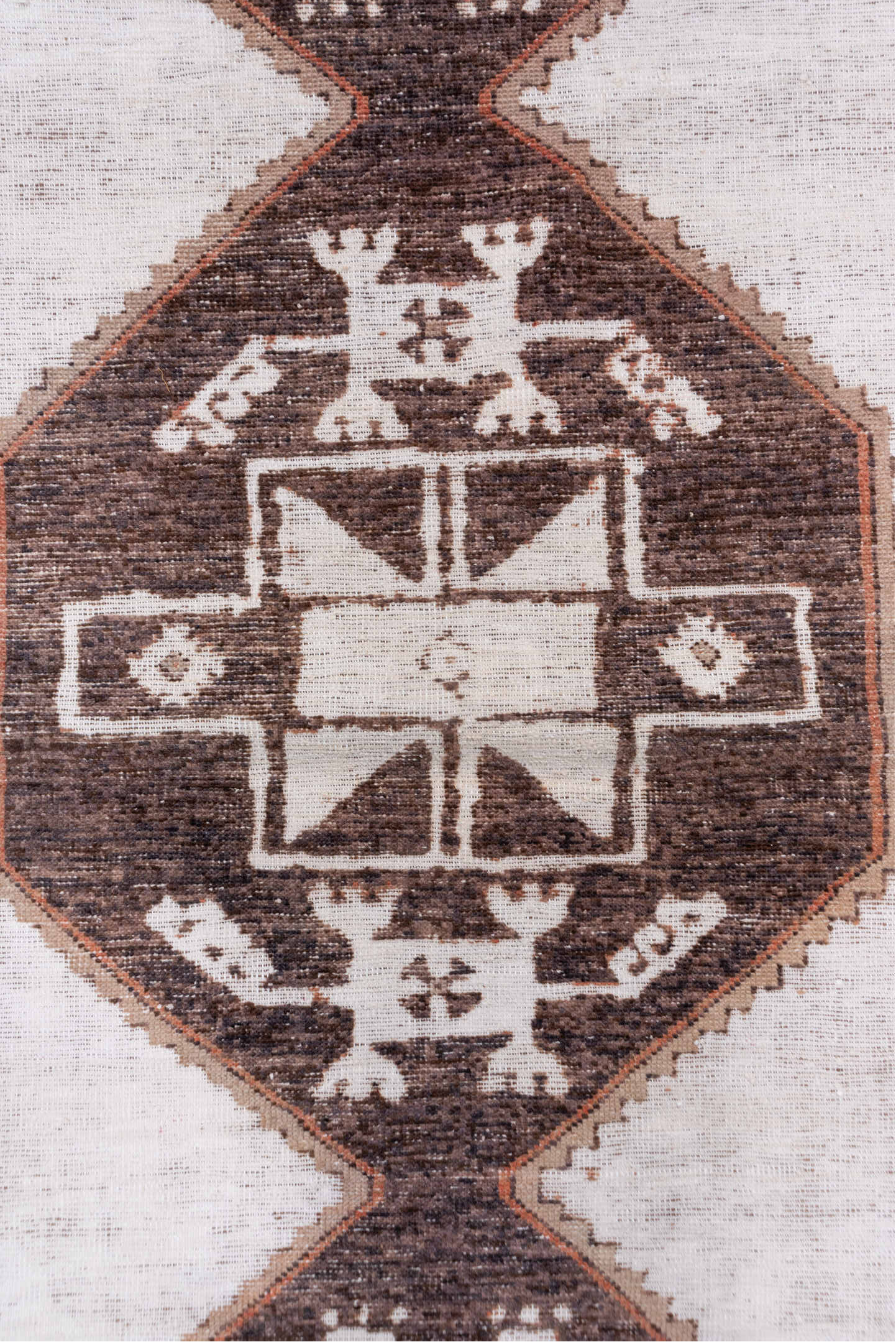 3' x 11' one-of-a-kind handmade vintage Oushak runner rug. Color palette: ivory, brown, taupe, rose, beige, gray, pink, red