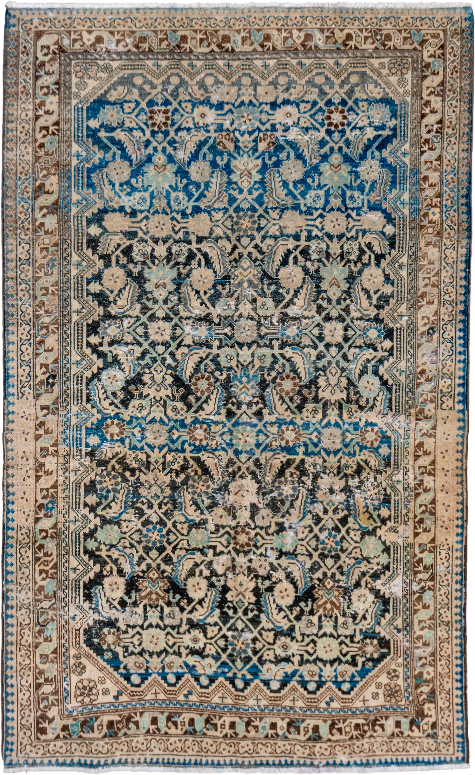 4' x 8' one-of-a-kind handmade vintage Malayer rug. Color palette: ivory, sky blue, charcoal, brown, taupe, cream