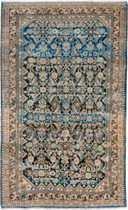 4' x 8' one-of-a-kind handmade vintage Malayer rug. Color palette: ivory, sky blue, charcoal, brown, taupe, cream