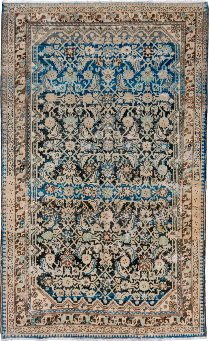 4' x 8' one-of-a-kind handmade vintage Malayer rug. Color palette: ivory, sky blue, charcoal, brown, taupe, cream