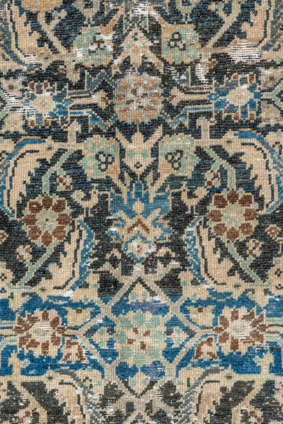 4' x 8' one-of-a-kind handmade vintage Malayer rug. Color palette: ivory, sky blue, charcoal, brown, taupe, cream