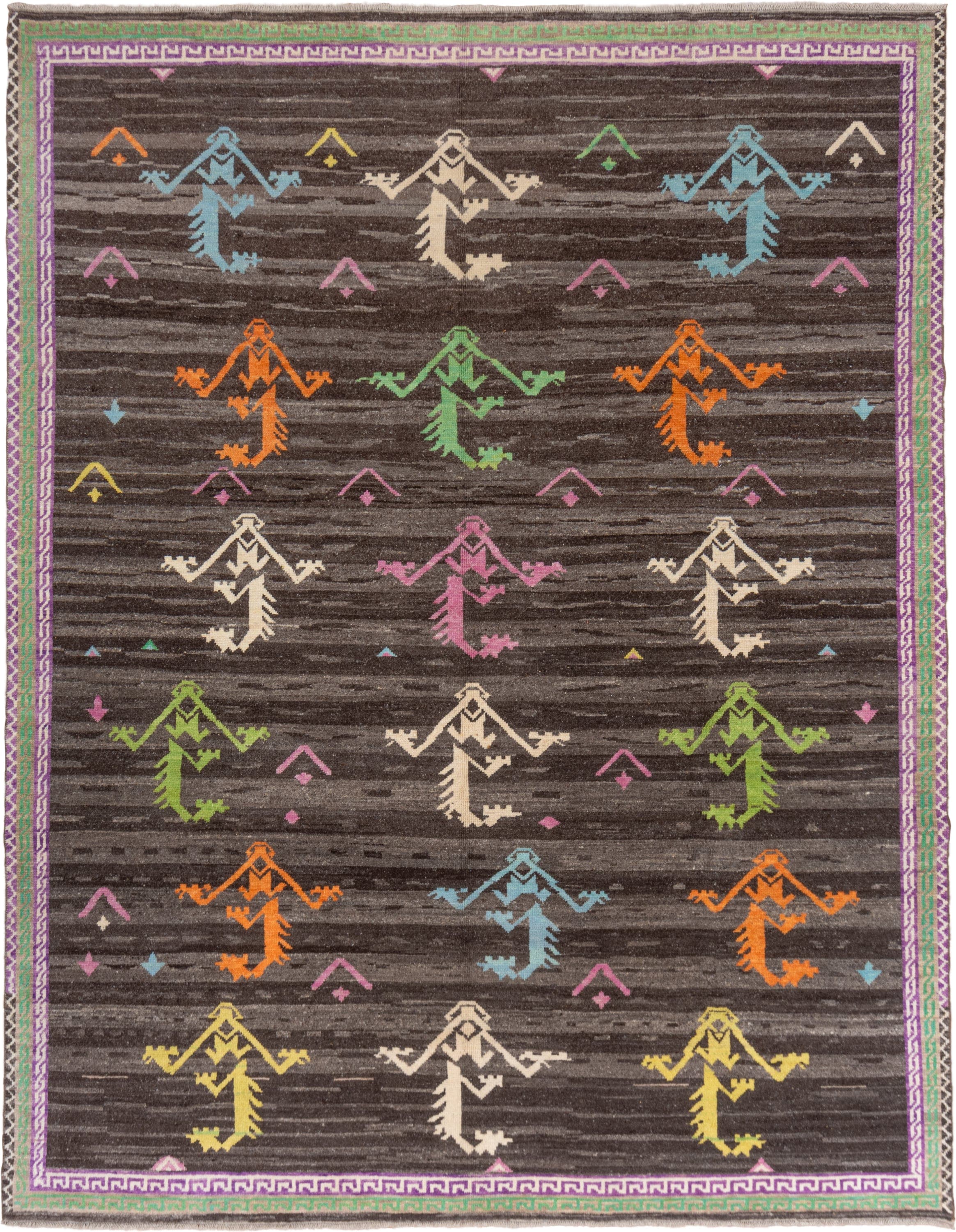 10' x 13' one-of-a-kind handmade vintage Kars large size rug. Color palette: charcoal, lavender, ivory, sky_blue, orange