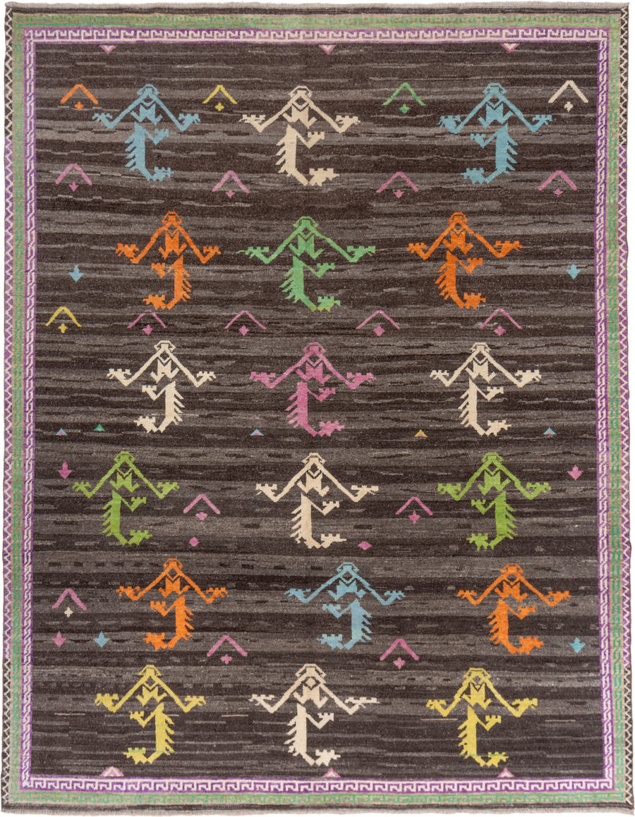 10' x 13' one-of-a-kind handmade vintage Kars large size rug. Color palette: charcoal, lavender, ivory, sky_blue, orange