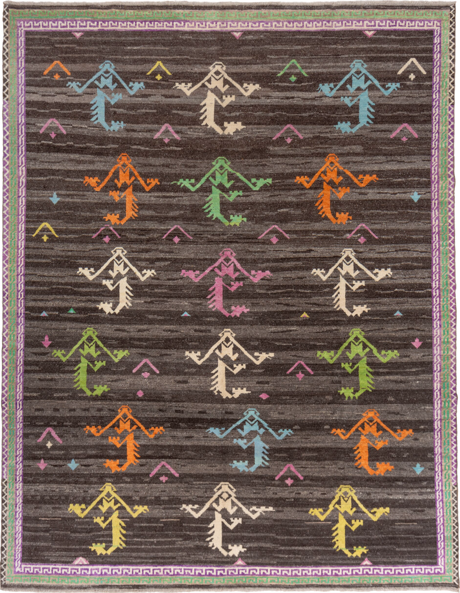 10' x 13' one-of-a-kind handmade vintage Kars large size rug. Color palette: charcoal, lavender, ivory, sky_blue, orange