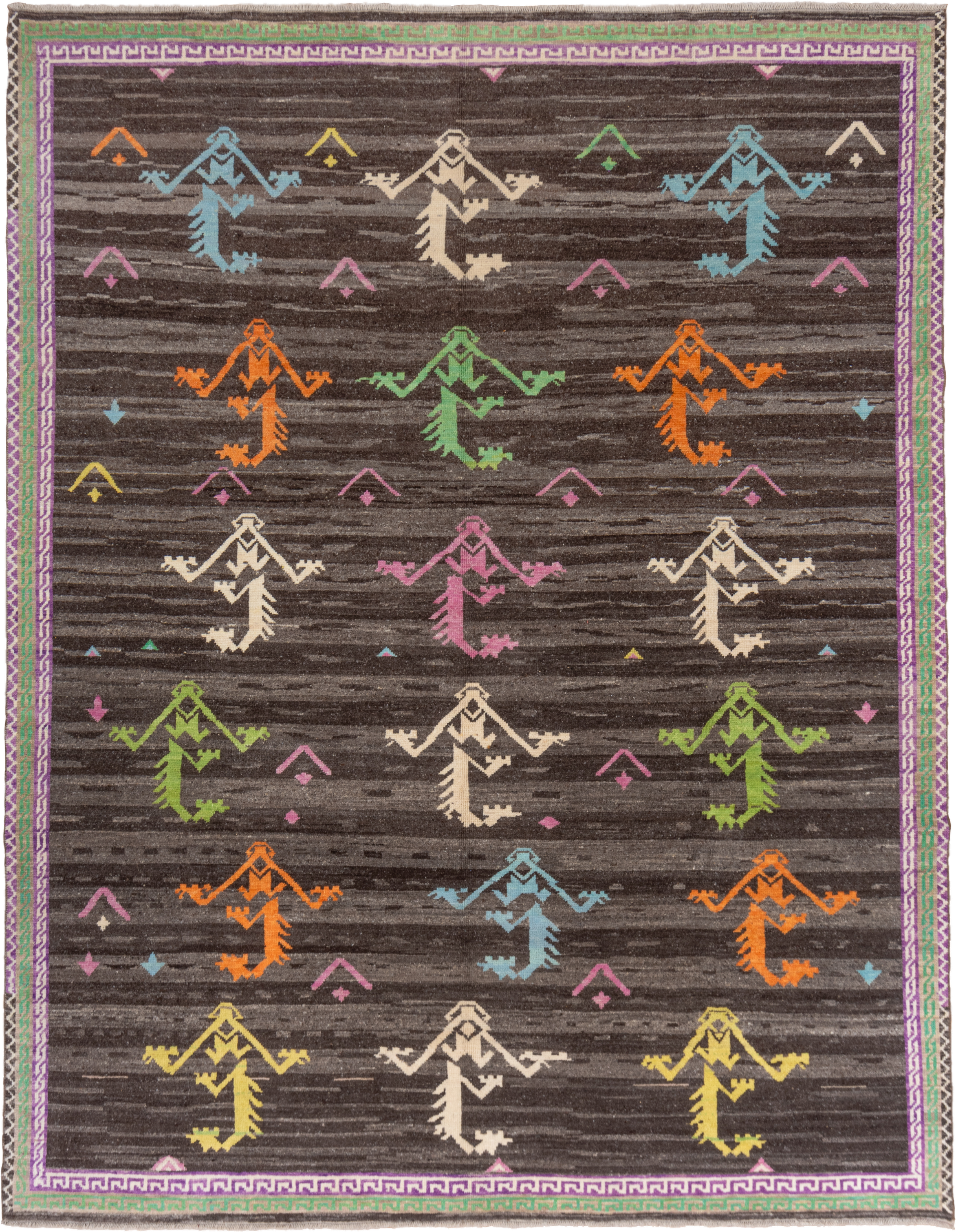 10' x 13' one-of-a-kind handmade vintage Kars large size rug. Color palette: charcoal, lavender, ivory, sky_blue, orange