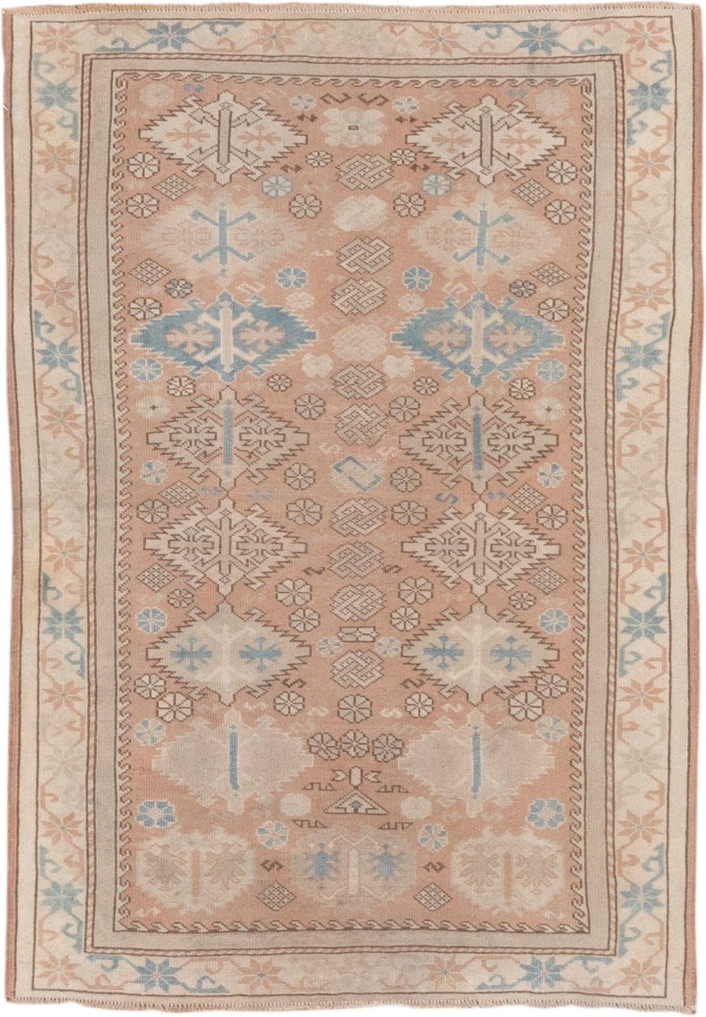 3' x 4' one-of-a-kind handmade vintage Oushak small size rug. Color palette: blush, ivory, pale blue, cream, taupe, camel