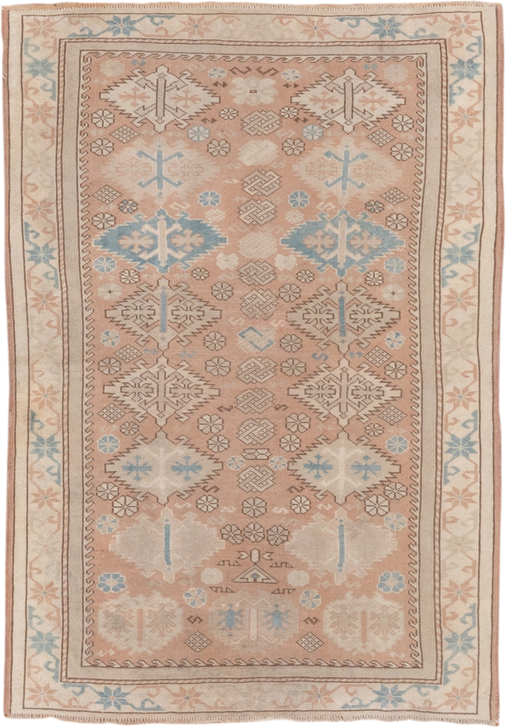 3' x 4' one-of-a-kind handmade vintage Oushak small size rug. Color palette: blush, ivory, pale blue, cream, taupe, camel