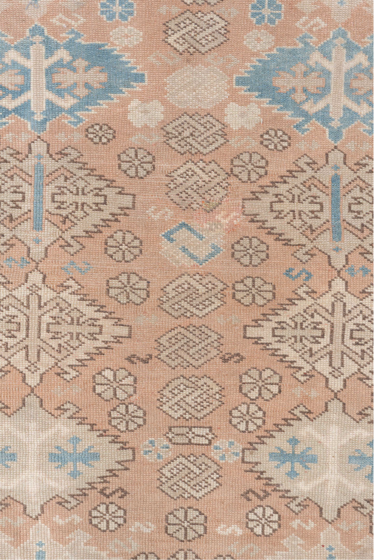 3' x 4' one-of-a-kind handmade vintage Oushak small size rug. Color palette: blush, ivory, pale blue, cream, taupe, camel