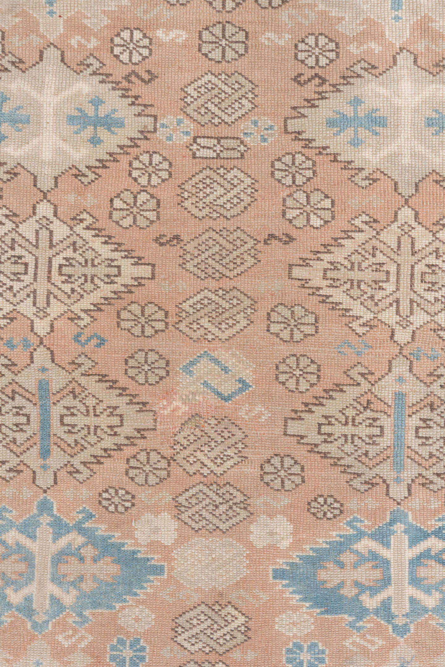 3' x 4' one-of-a-kind handmade vintage Oushak small size rug. Color palette: blush, ivory, pale blue, cream, taupe, camel