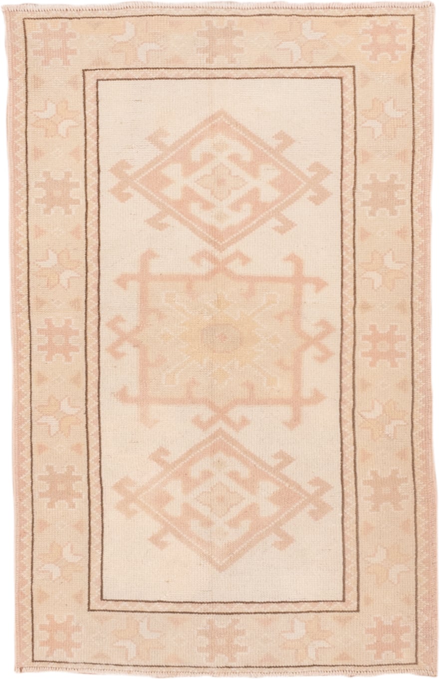 2' x 4' one-of-a-kind handmade vintage Oushak small size rug. Color palette: ivory, blush, peach, taupe, camel, pink