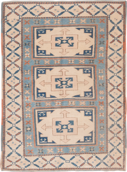 3' x 4' one-of-a-kind handmade vintage Oushak small size rug. Color palette: ivory, sky blue, terracotta, navy, beige