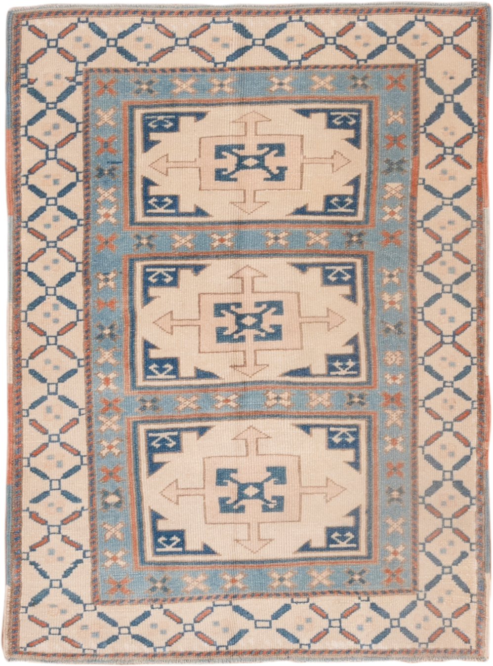 3' x 4' one-of-a-kind handmade vintage Oushak small size rug. Color palette: ivory, sky blue, terracotta, navy, beige