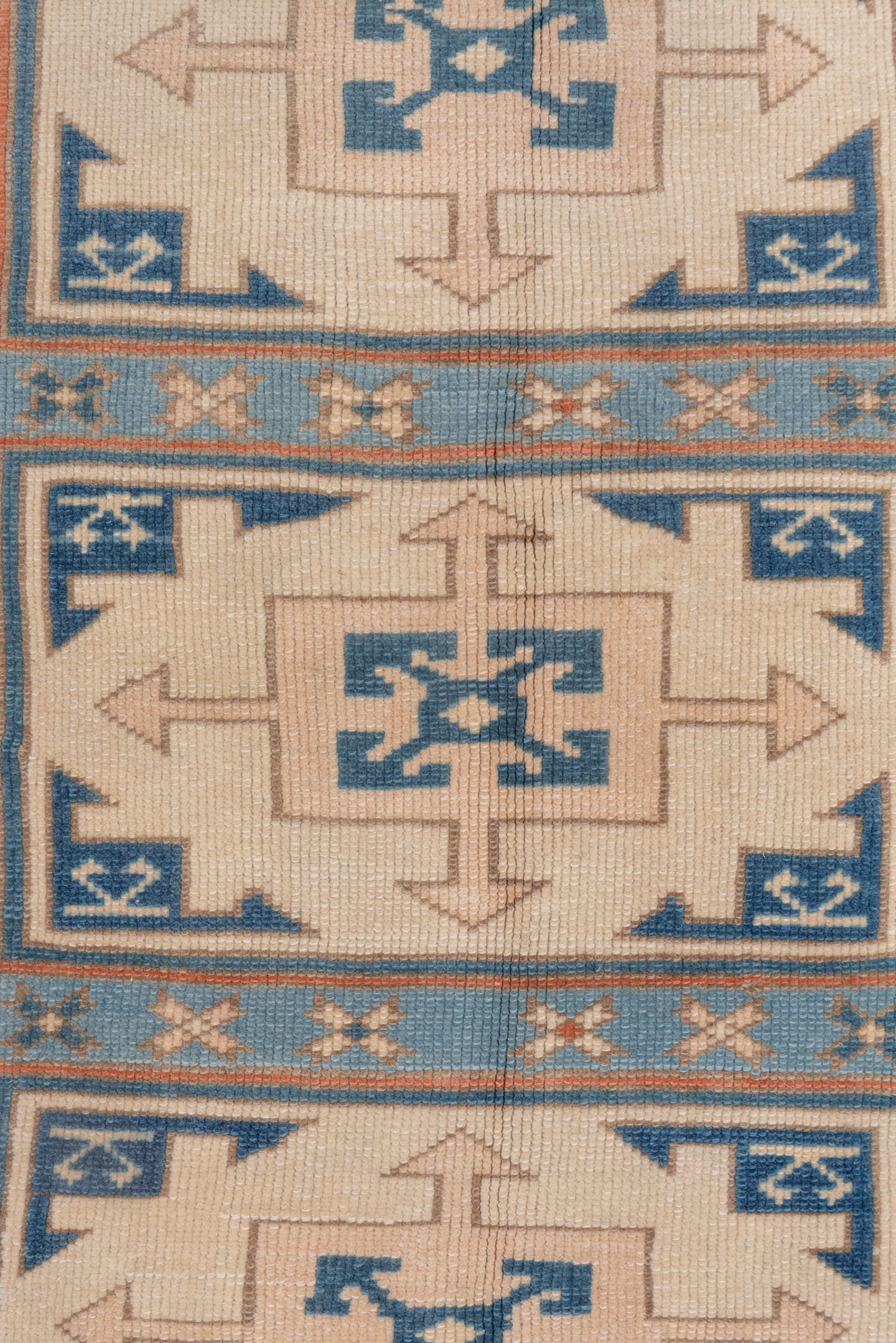 3' x 4' one-of-a-kind handmade vintage Oushak small size rug. Color palette: ivory, sky blue, terracotta, navy, beige
