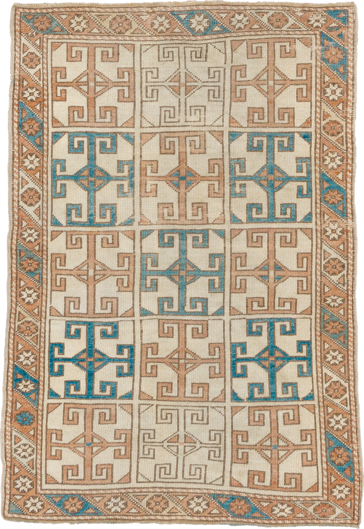 3' x 4' one-of-a-kind handmade vintage Oushak small size rug. Color palette: ivory, terra cotta, camel, turquoise, beige