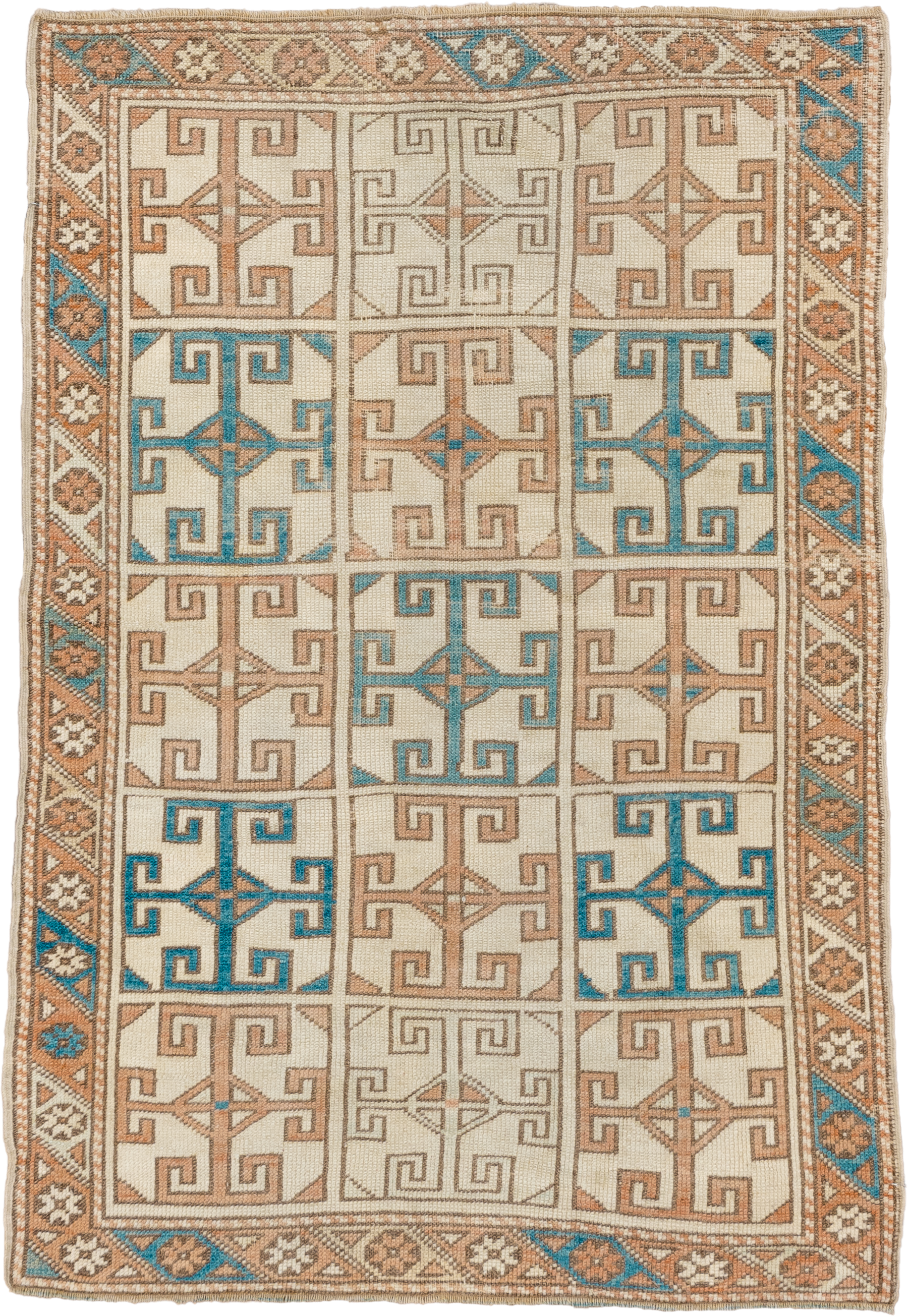 3' x 4' one-of-a-kind handmade vintage Oushak small size rug. Color palette: ivory, terra cotta, camel, turquoise, beige