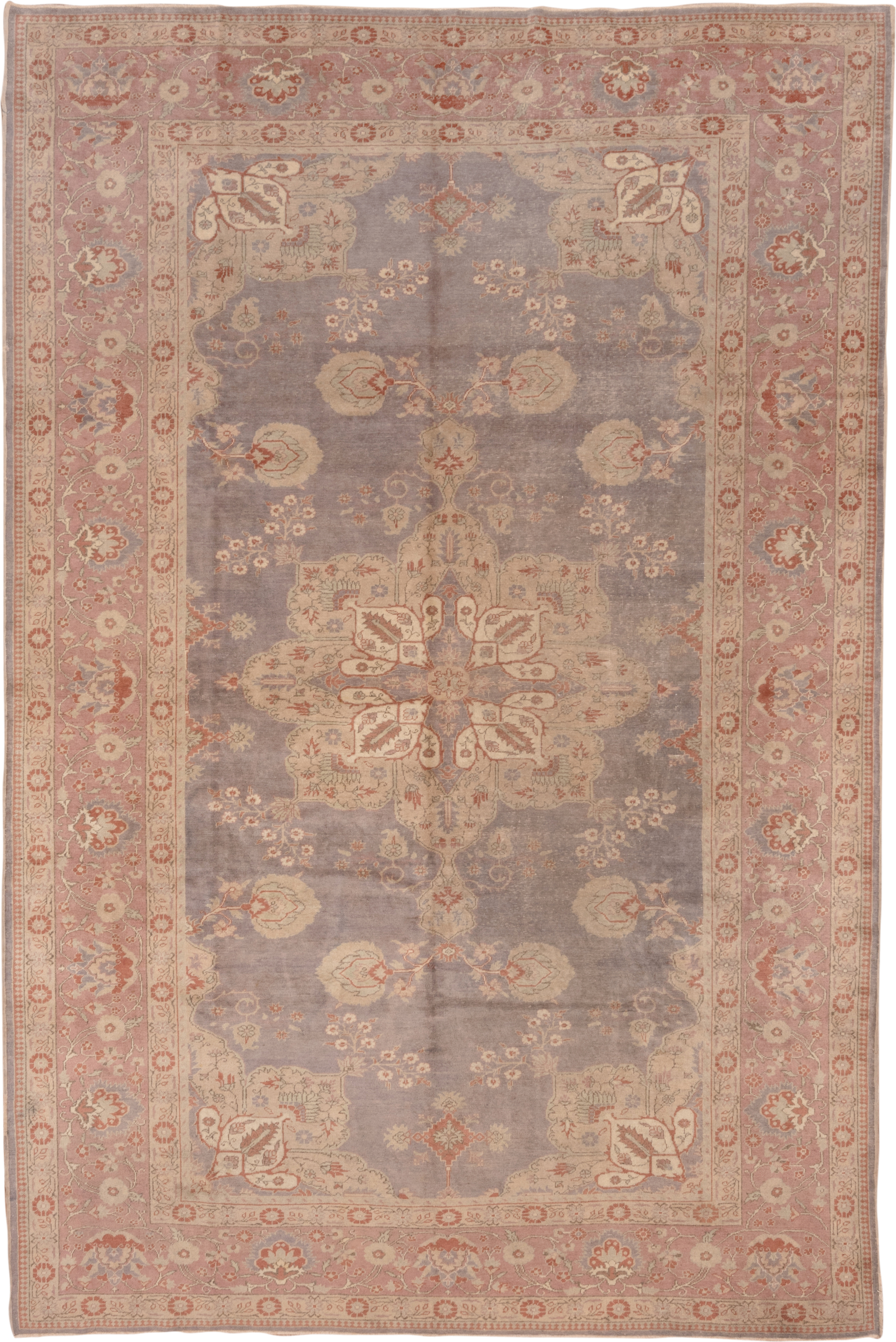 8' x 11' one-of-a-kind handmade vintage Oushak large size rug. Color palette: rose, lavender, ivory, taupe, terra cotta
