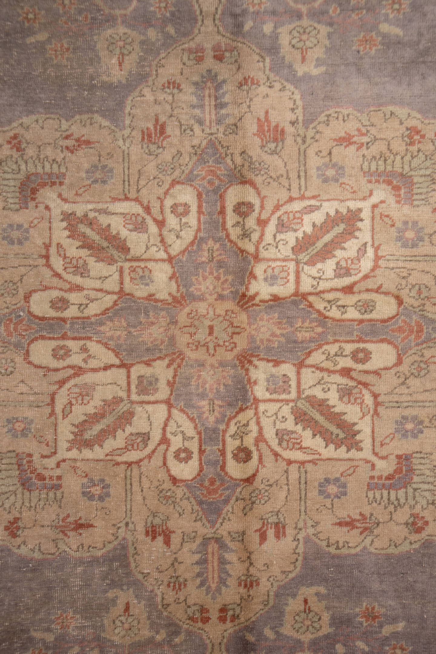 8' x 11' one-of-a-kind handmade vintage Oushak large size rug. Color palette: rose, lavender, ivory, taupe, terra cotta