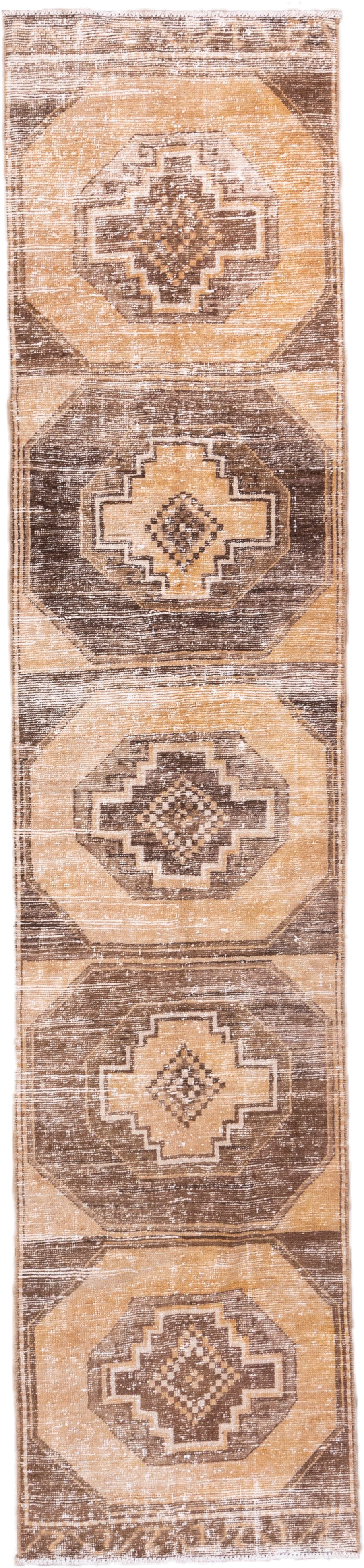 2' x 12' one-of-a-kind handmade vintage Oushak runner rug. Color palette: taupe, camel, ivory, brown, beige, gray