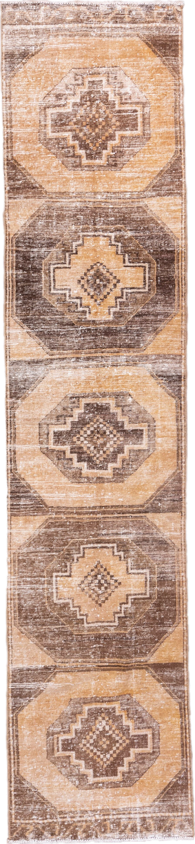 2' x 12' one-of-a-kind handmade vintage Oushak runner rug. Color palette: brown, off-white, orange, pink, snow, white