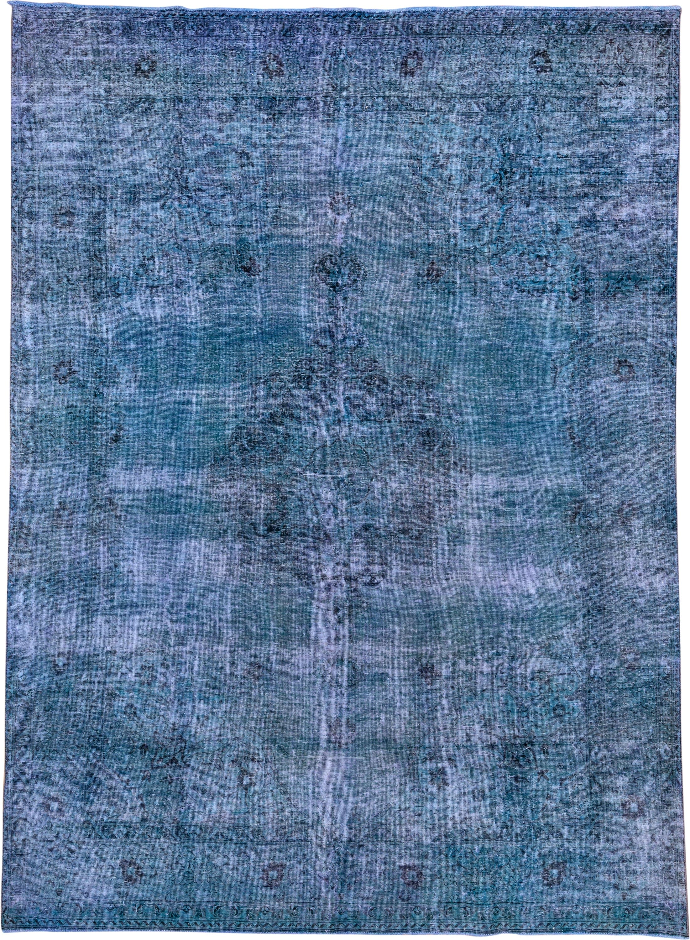 9' x 12' one-of-a-kind handmade vintage Overdyed large size rug. Color palette: blue, teal, slate, indigo, charcoal