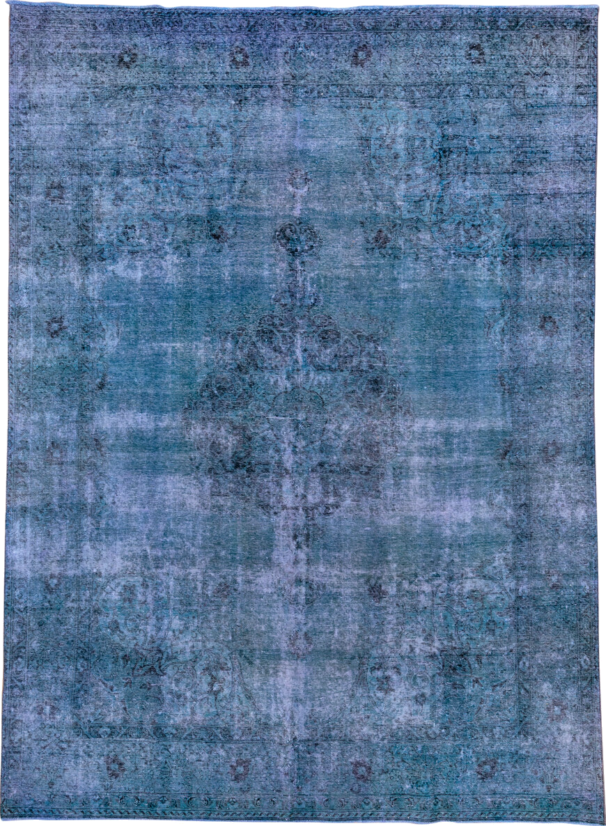 9' x 12' one-of-a-kind handmade vintage Overdyed large size rug. Color palette: blue, gray, light blue, light steel blue