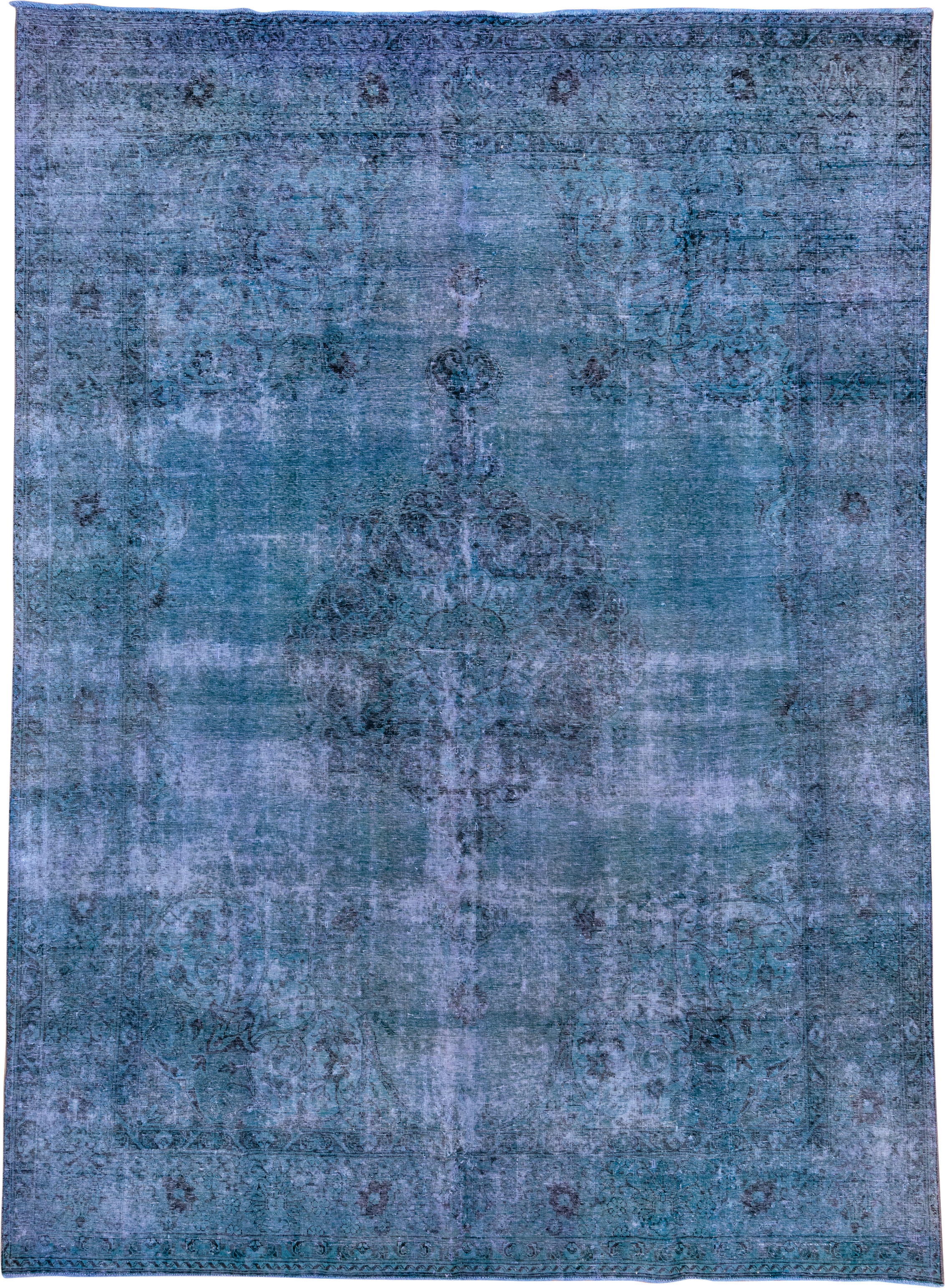 9' x 12' one-of-a-kind handmade vintage Overdyed large size rug. Color palette: blue, teal, slate, indigo, charcoal