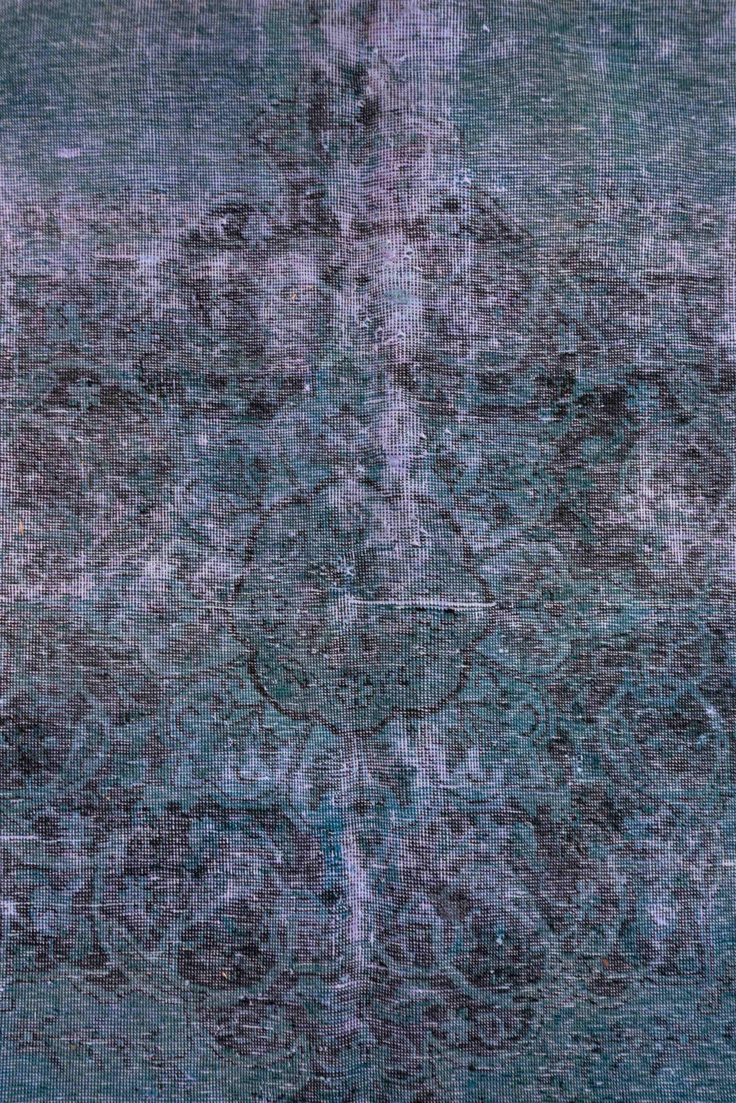 9' x 12' one-of-a-kind handmade vintage Overdyed large size rug. Color palette: blue, teal, slate, indigo, charcoal