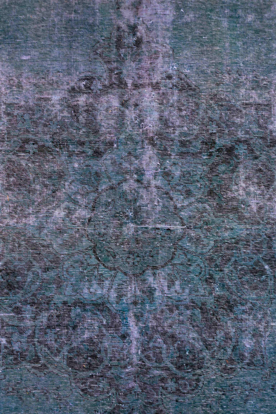 9' x 12' one-of-a-kind handmade vintage Overdyed large size rug. Color palette: blue, teal, slate, indigo, charcoal