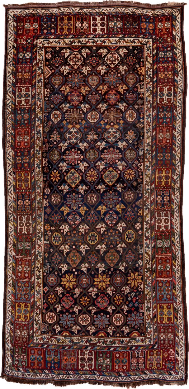 5' x 11' one-of-a-kind handmade vintage Baktiary rug. Color palette: navy, rust, ivory, indigo, gold, terra cotta, brown