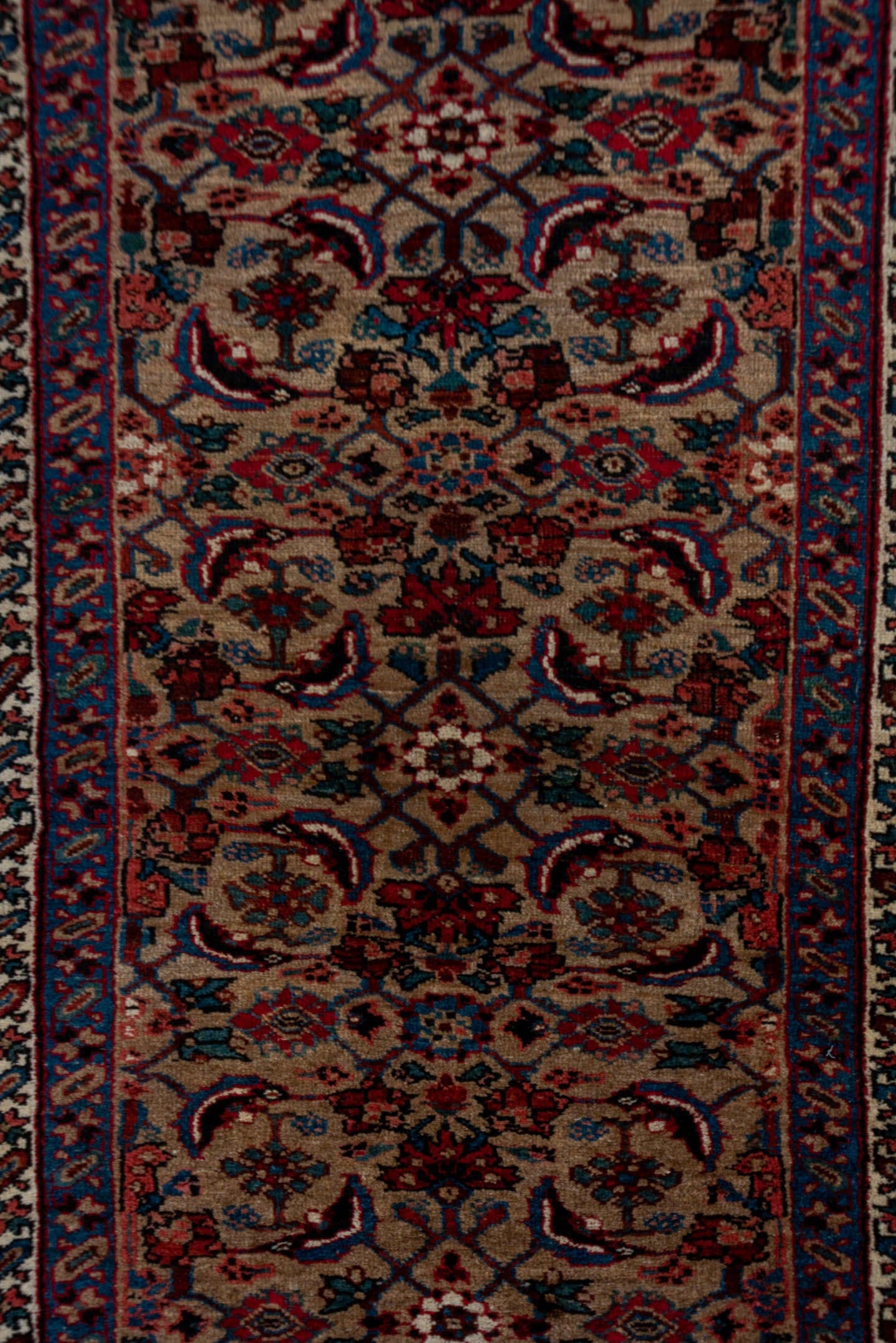 3' x 14' one-of-a-kind handmade vintage Sarab runner rug. Color palette: ivory, navy, rust, crimson, sky_blue, brown, blue