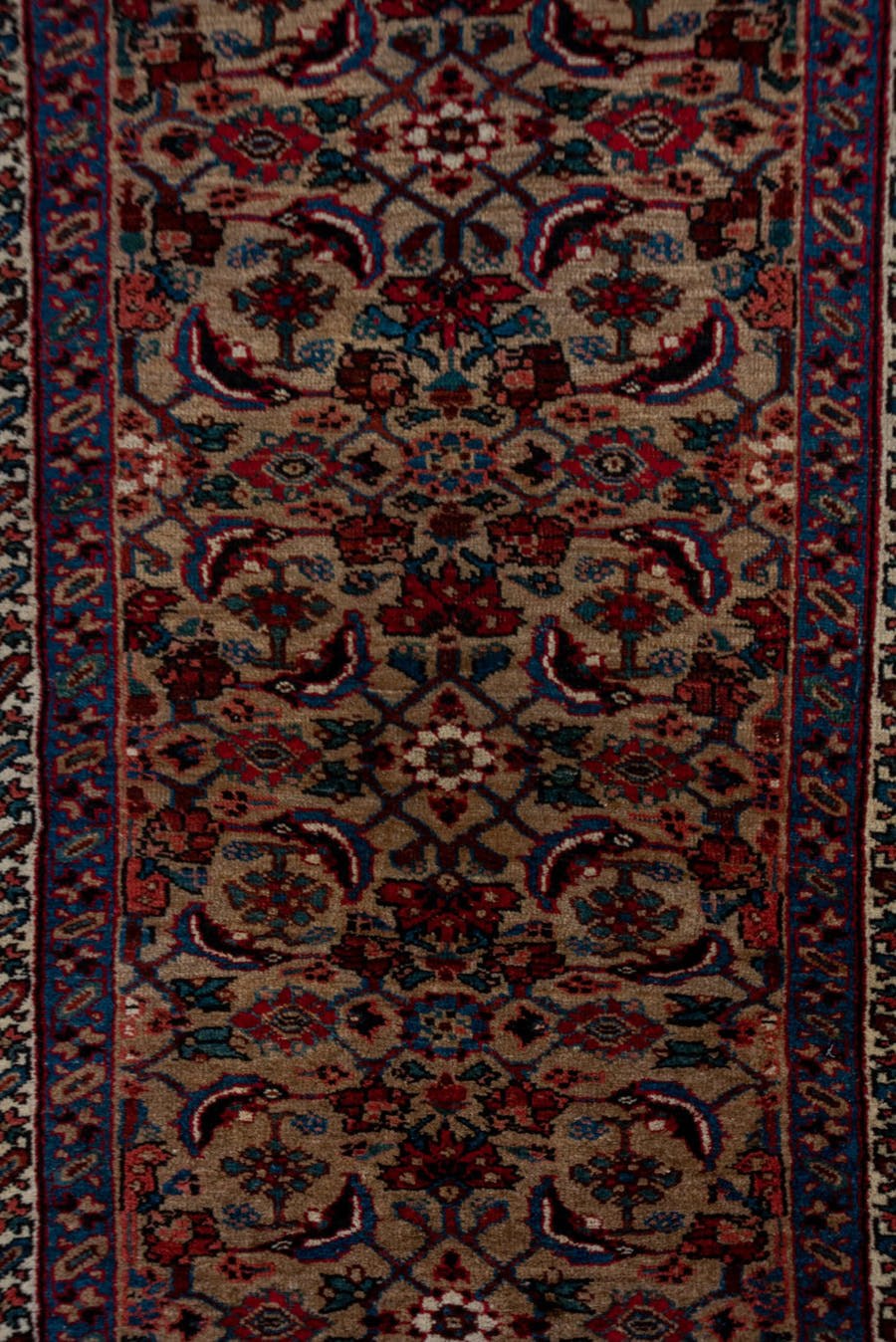 3' x 14' one-of-a-kind handmade vintage Sarab runner rug. Color palette: ivory, navy, rust, crimson, sky_blue, brown, blue