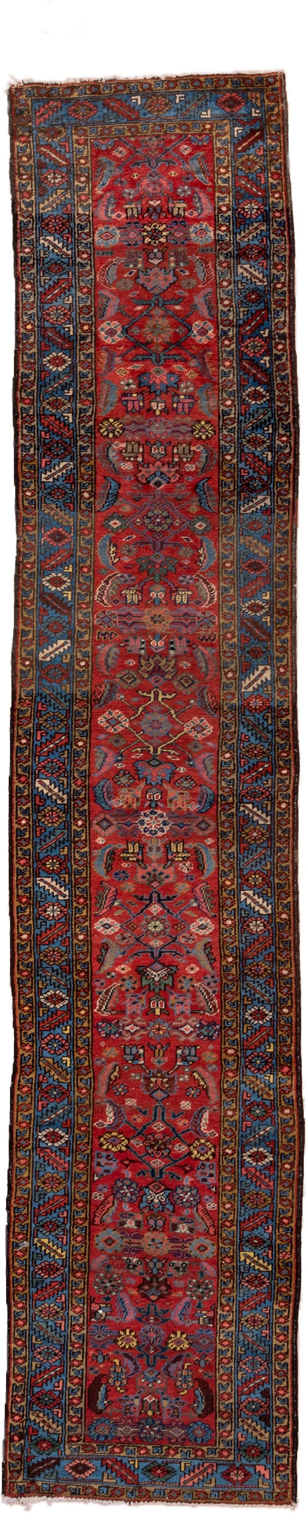 2' x 13' one-of-a-kind handmade vintage Heriz runner rug. Color palette: red, blue, navy, ivory, rust, gold, charcoal