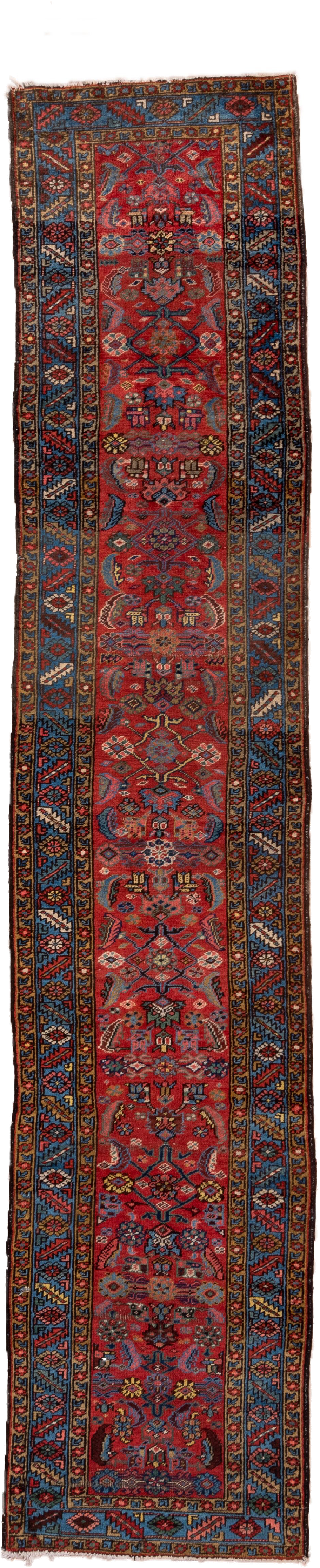 2' x 13' one-of-a-kind handmade vintage Heriz runner rug. Color palette: red, blue, navy, ivory, rust, gold, charcoal