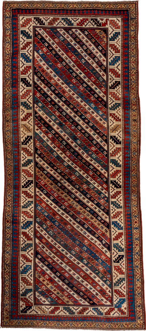 4' x 9' one-of-a-kind handmade vintage Kazak runner rug. Color palette: arapawa, black, blue, brown, gray, orange, red, tan