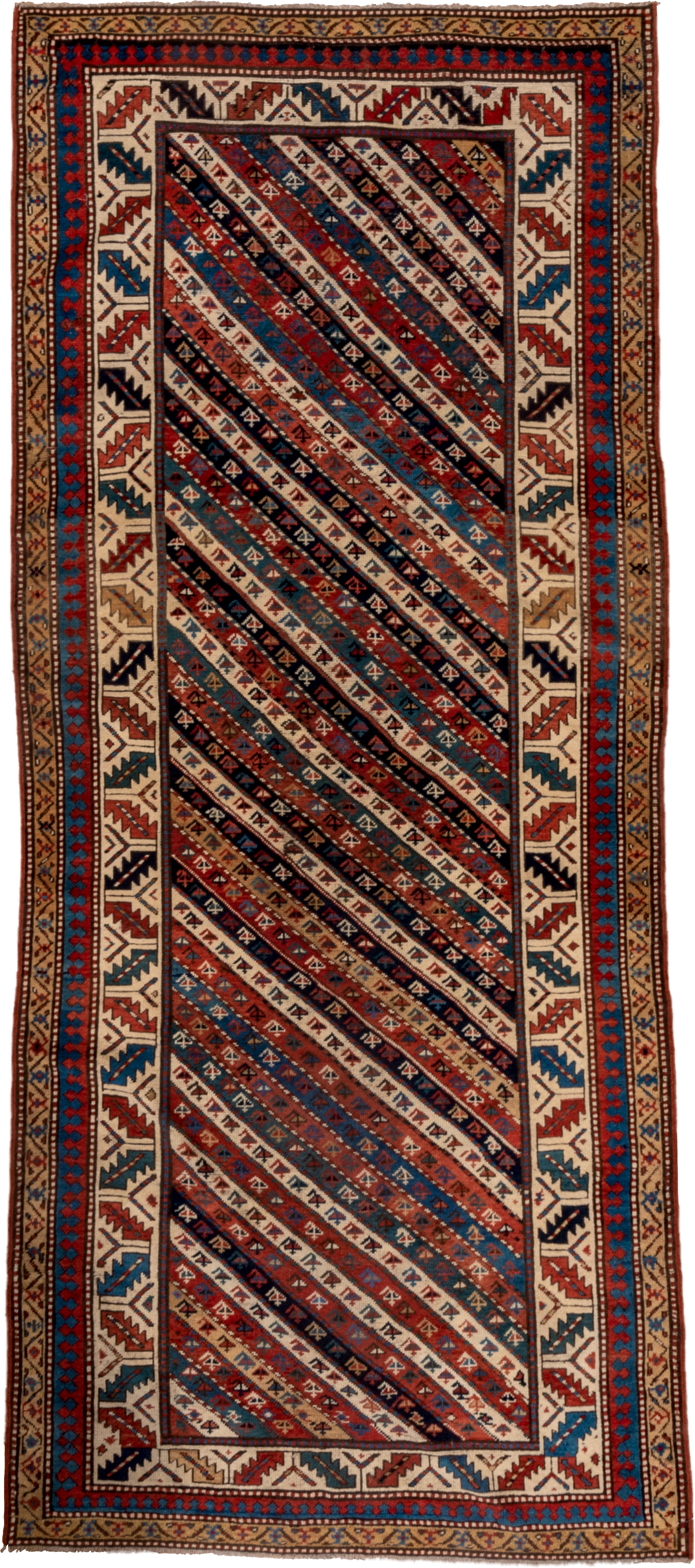 4' x 9' one-of-a-kind handmade antique Kazak runner rug. Color palette: rust, ivory, blue, navy, camel, crimson, charcoal