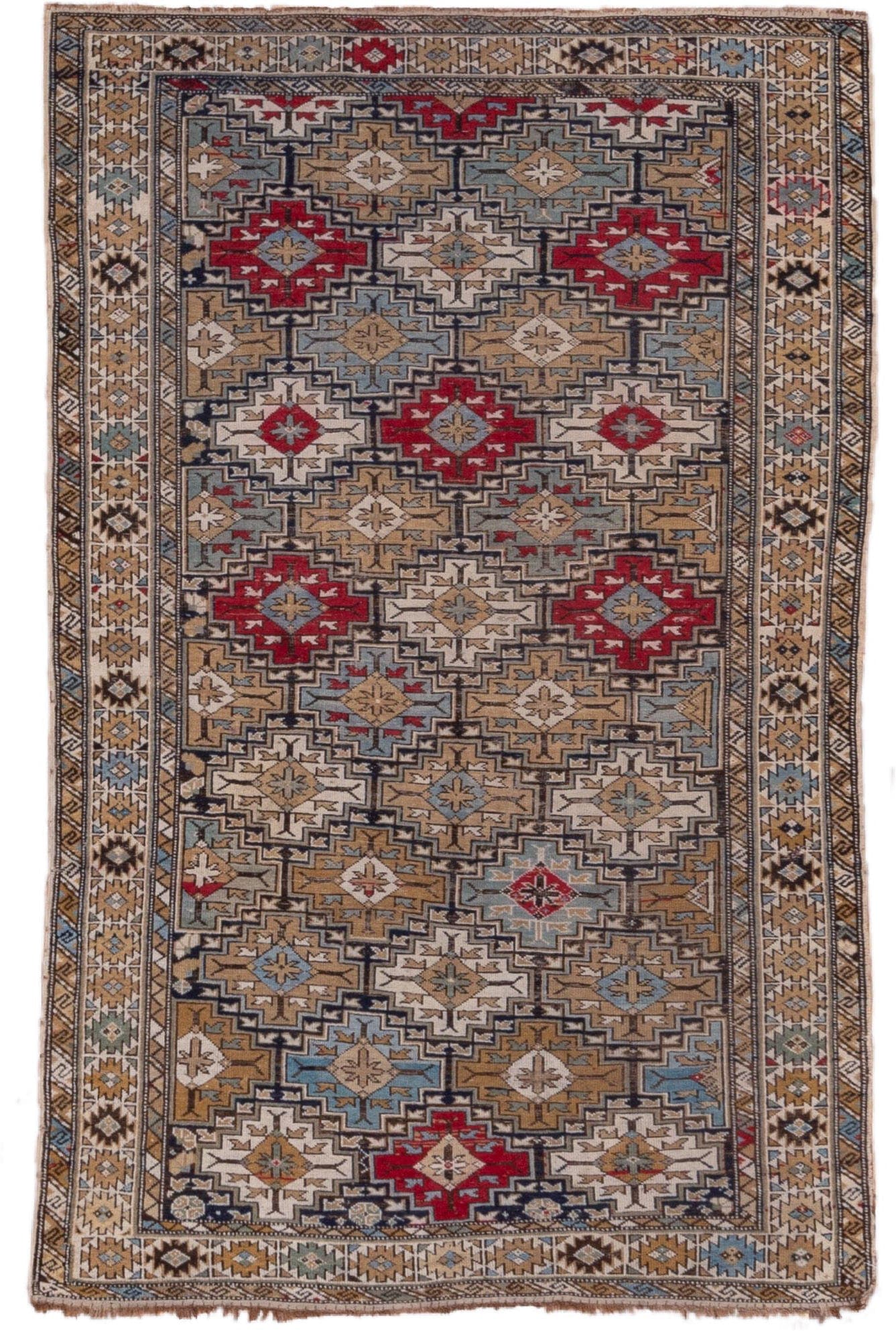 3' x 6' one-of-a-kind handmade vintage Shirvan small size rug. Color palette: taupe, camel, ivory, sky blue, crimson, navy
