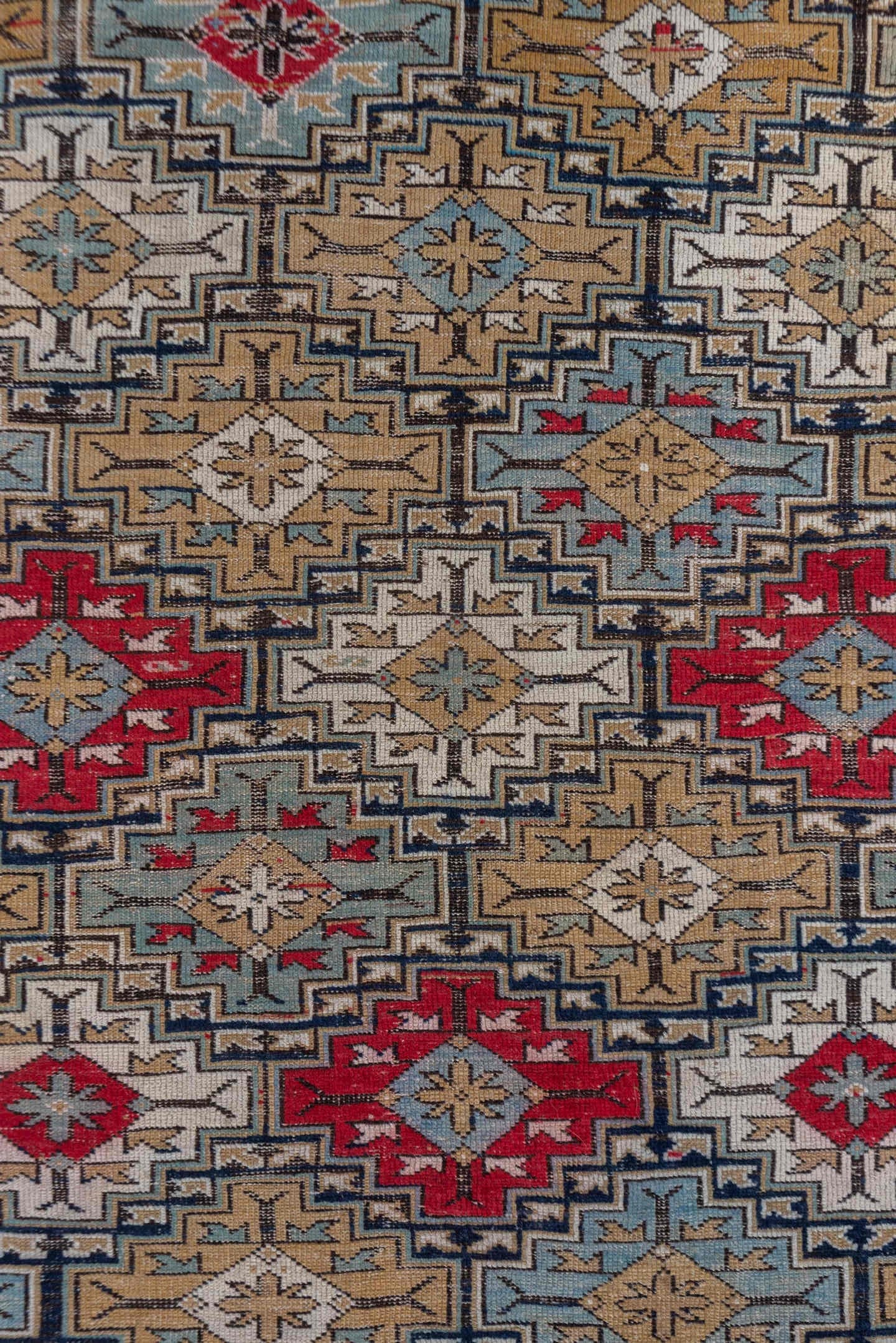 3' x 6' one-of-a-kind handmade vintage Shirvan small size rug. Color palette: taupe, camel, ivory, sky blue, crimson, navy