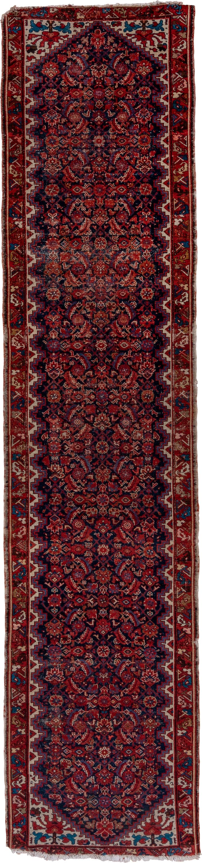 3' x 16' one-of-a-kind handmade vintage Malayer runner rug. Color palette: navy, rust, ivory, crimson, sky_blue, camel, blue