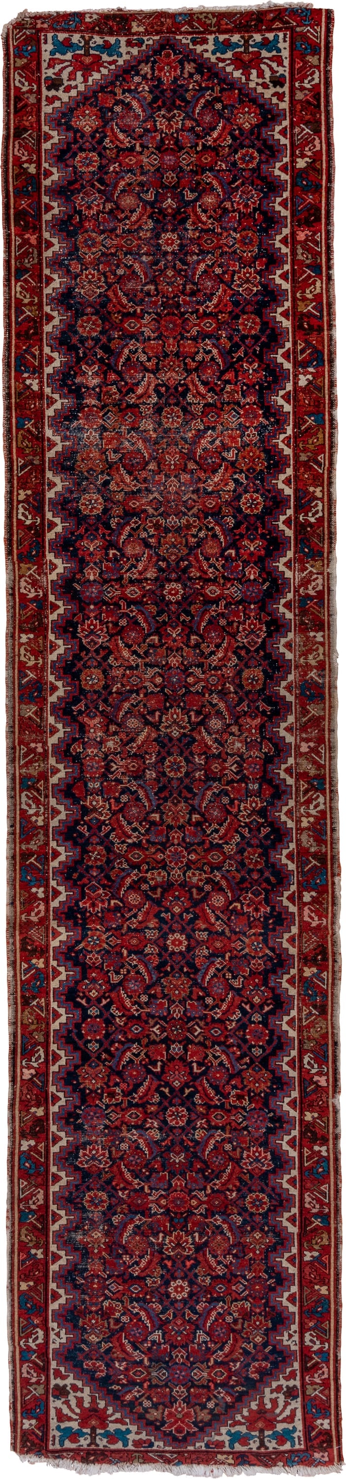 3' x 16' one-of-a-kind handmade vintage Malayer runner rug. Color palette: navy, rust, ivory, crimson, sky_blue, camel, blue