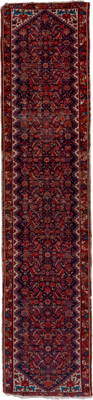 3' x 16' one-of-a-kind handmade vintage Malayer runner rug. Color palette: black, blue, brown, gray, pink, red, redwood