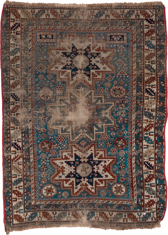3' x 4' one-of-a-kind handmade vintage Shirvan small size rug. Color palette: ivory, turquoise, rust, navy, taupe, brown